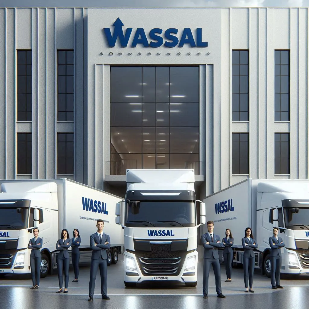 bd72fe58-1183-4ebd-8cae-b2680a636297 واجهة شركة وصل لنقل العفش مع سيارات نقل وفريق عمل بزي موحد