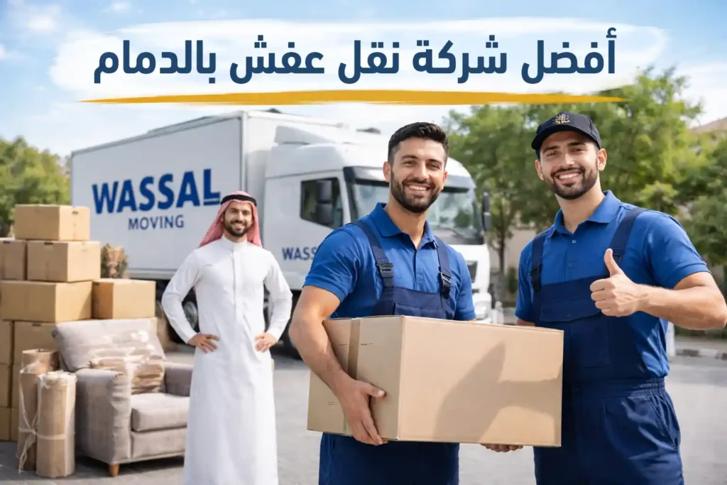 عمال شركة نقل عفش بالدمام يقومون بنقل الأثاث أمام شاحنة نقل عفش مع عميل سعودي