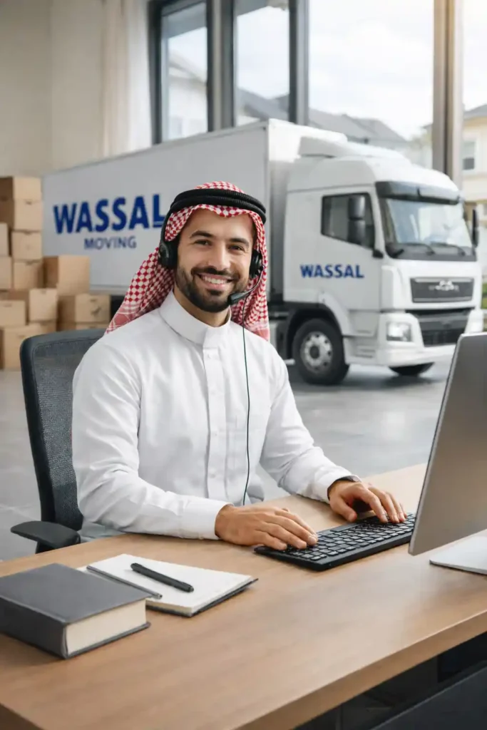 خدمة العملاء في شركة وصل لنقل العفش بالدمام موظف خدمة عملاء سعودي في شركة نقل عفش بالدمام يستقبل طلبات العملاء ويقدم المساعدة