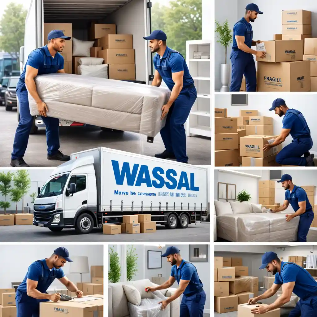 خدمات نقل العفش بالدمام فريق شركة نقل عفش بالدمام يقوم بتغليف الأثاث وتحميل الكراتين داخل سيارة نقل مجهزة