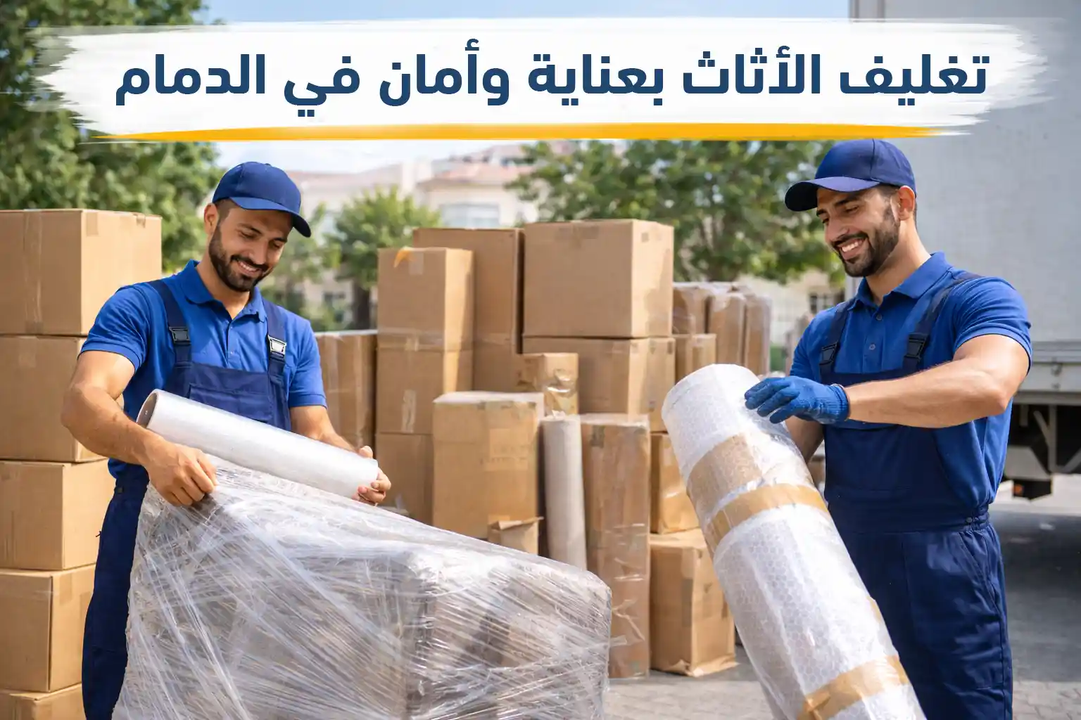 عمال شركة نقل عفش بالدمام يقومون بتغليف الأثاث بالبلاستيك الفقاعي لحمايته قبل النقل