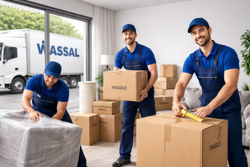 فريق شركة وصل لنقل العفش بالدمام فريق شركة نقل عفش بالدمام يقوم بتغليف ونقل الأثاث داخل المنزل باستخدام كراتين ومواد تغليف