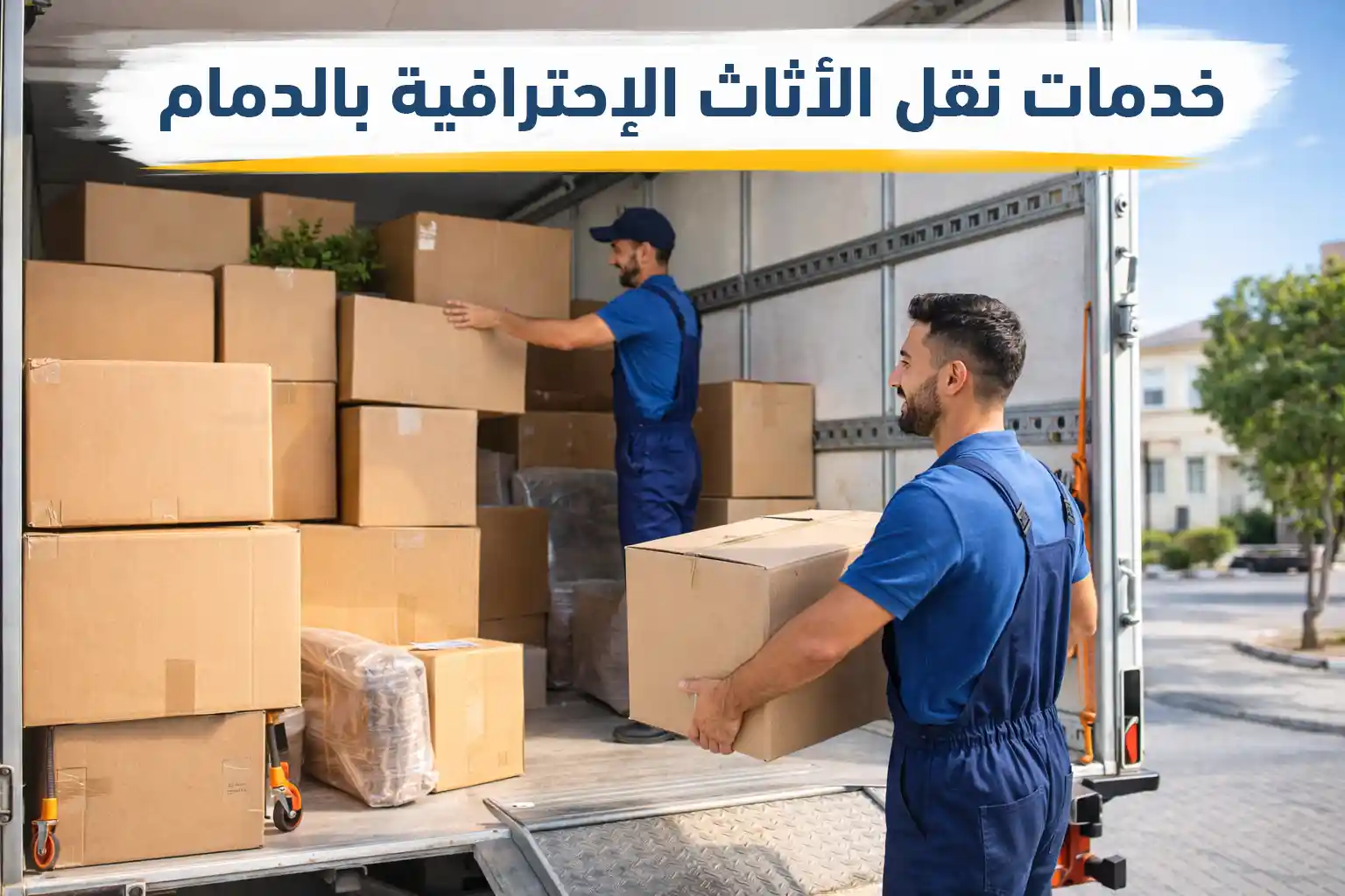 عمال شركة نقل عفش بالدمام يقومون بتحميل صناديق الأثاث داخل سيارة نقل مجهزة