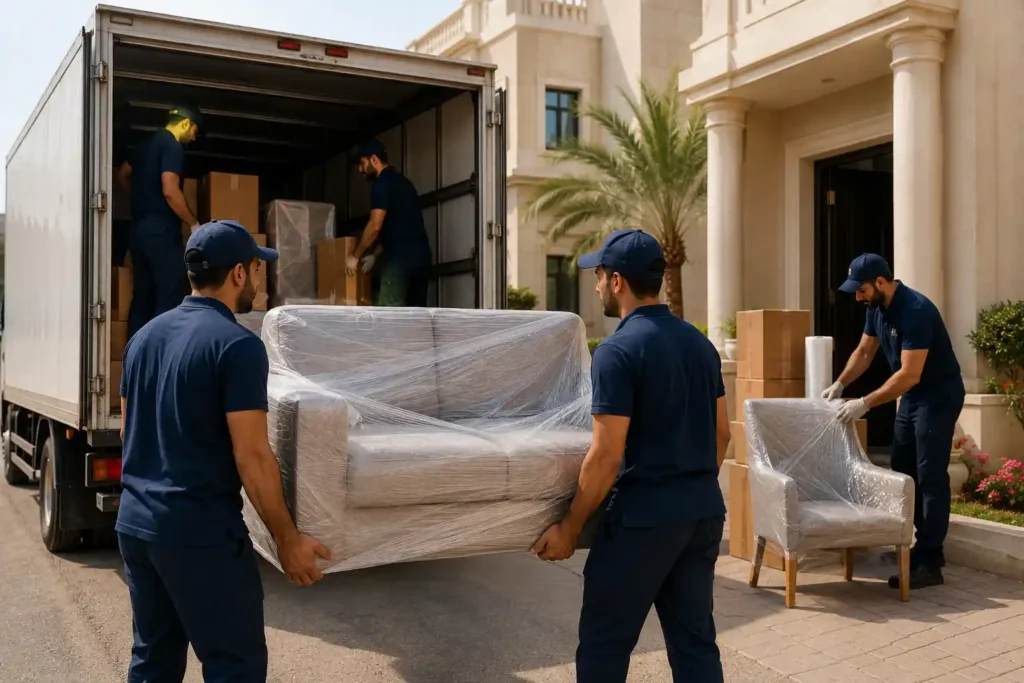 شركة وصل لنقل العفش بالدمام فريق شركة وصل لنقل العفش بالدمام أثناء نقل وتغليف الأثاث أمام منزل حديث