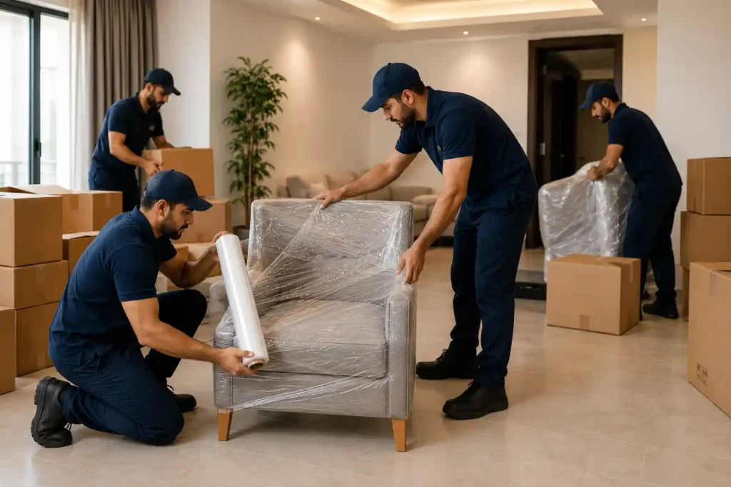 فريق نقل عفش محترف بالدمام عمال شركة وصل لنقل العفش بالدمام أثناء تغليف الأثاث داخل منزل حديث
