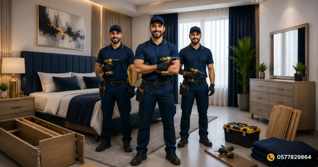 فريق فني متخصص في فك وتركيب غرف النوم بالدمام أثناء العمل