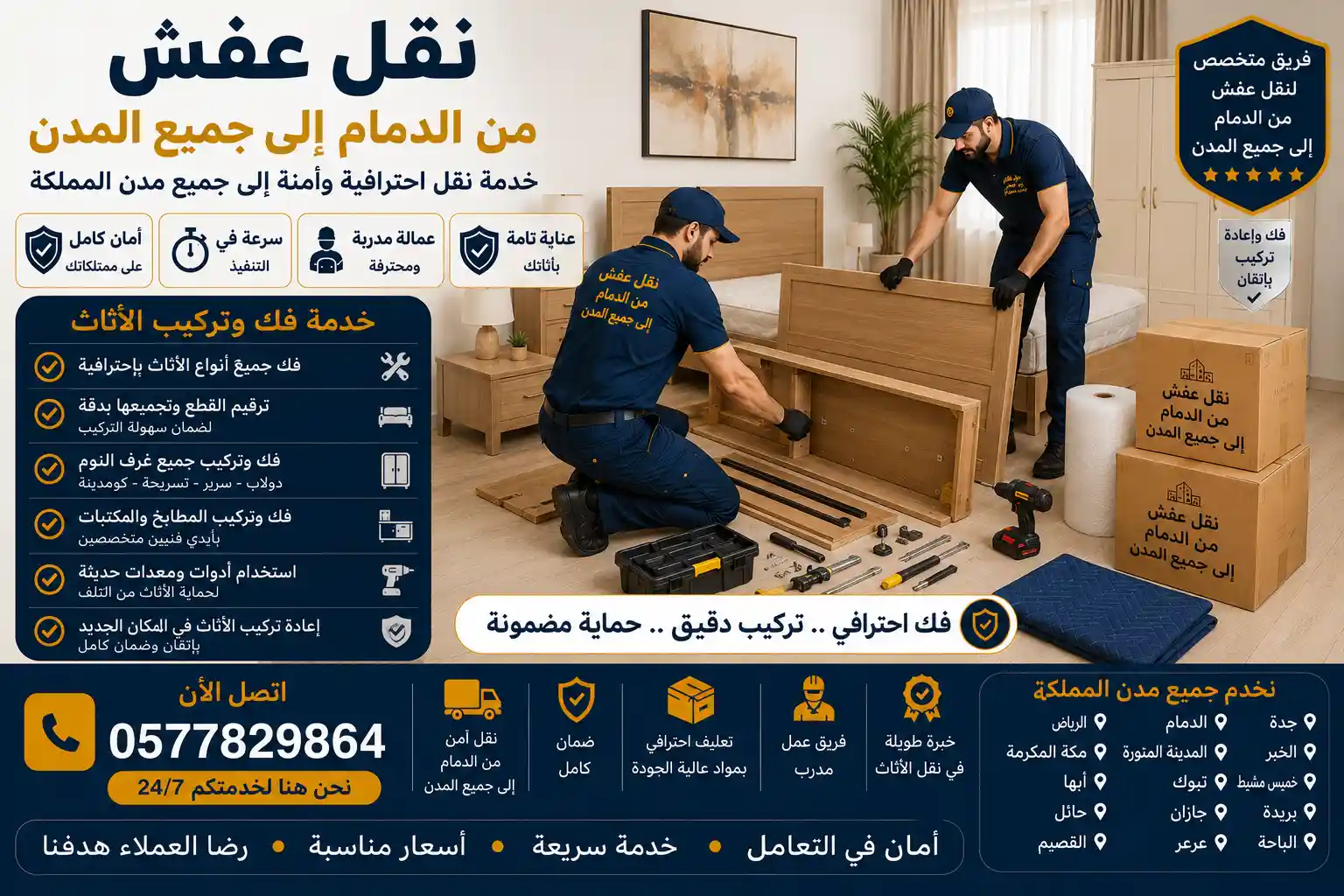 فني وصل يفك قطع الأثاث الكبيرة لتجهيزها لرحلة النقل من الدمام