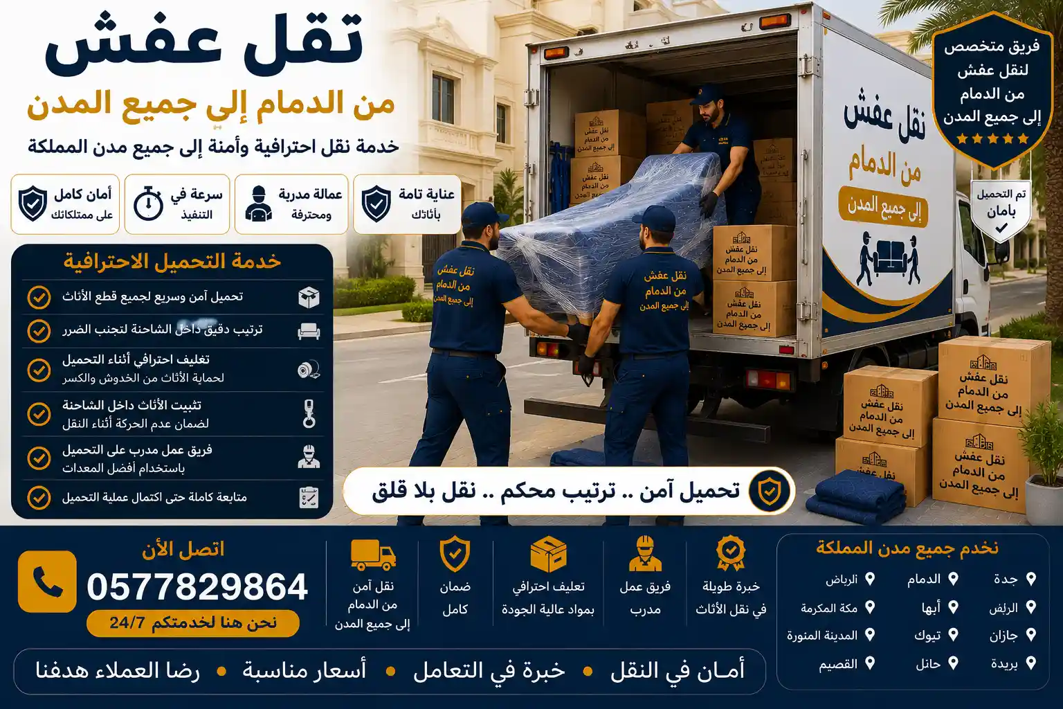 عمال وصل يحملون الأثاث المغلف داخل شاحنة مجهزة للنقل من الدمام