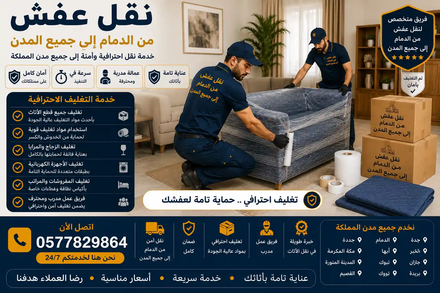 فريق وصل يغلف أثاث العميل بعناية قبل شحنه من الدمام لمدينة أخرى