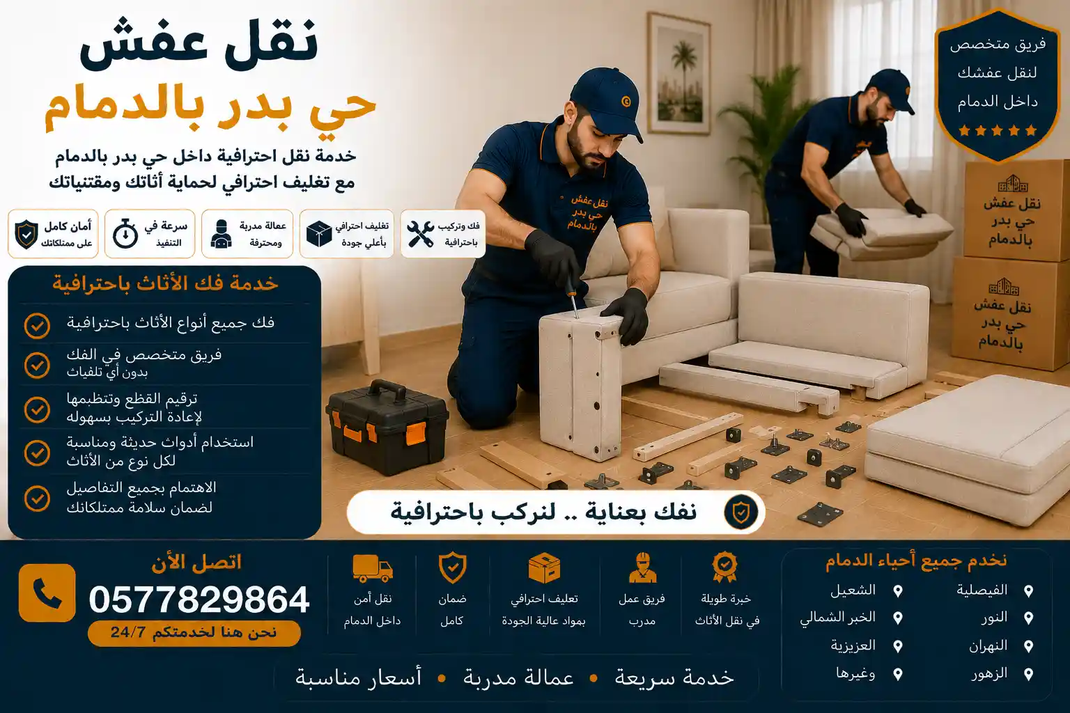 فني يفك قطع الأثاث الخشبية خلال نقل عفش حي بدر الدمام