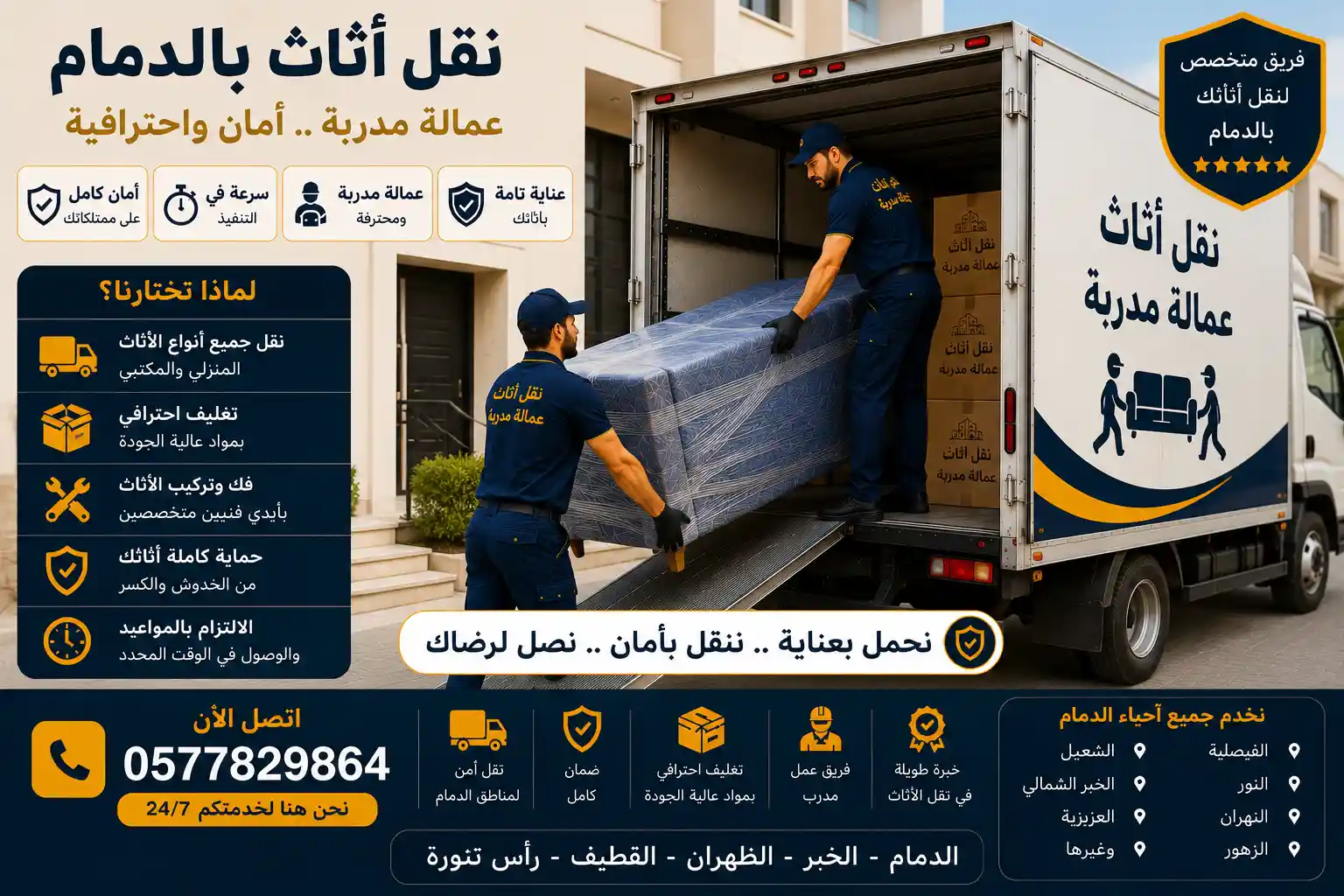 عمالة مدربة تقوم بتحميل الأثاث في الشاحنة بالدمام