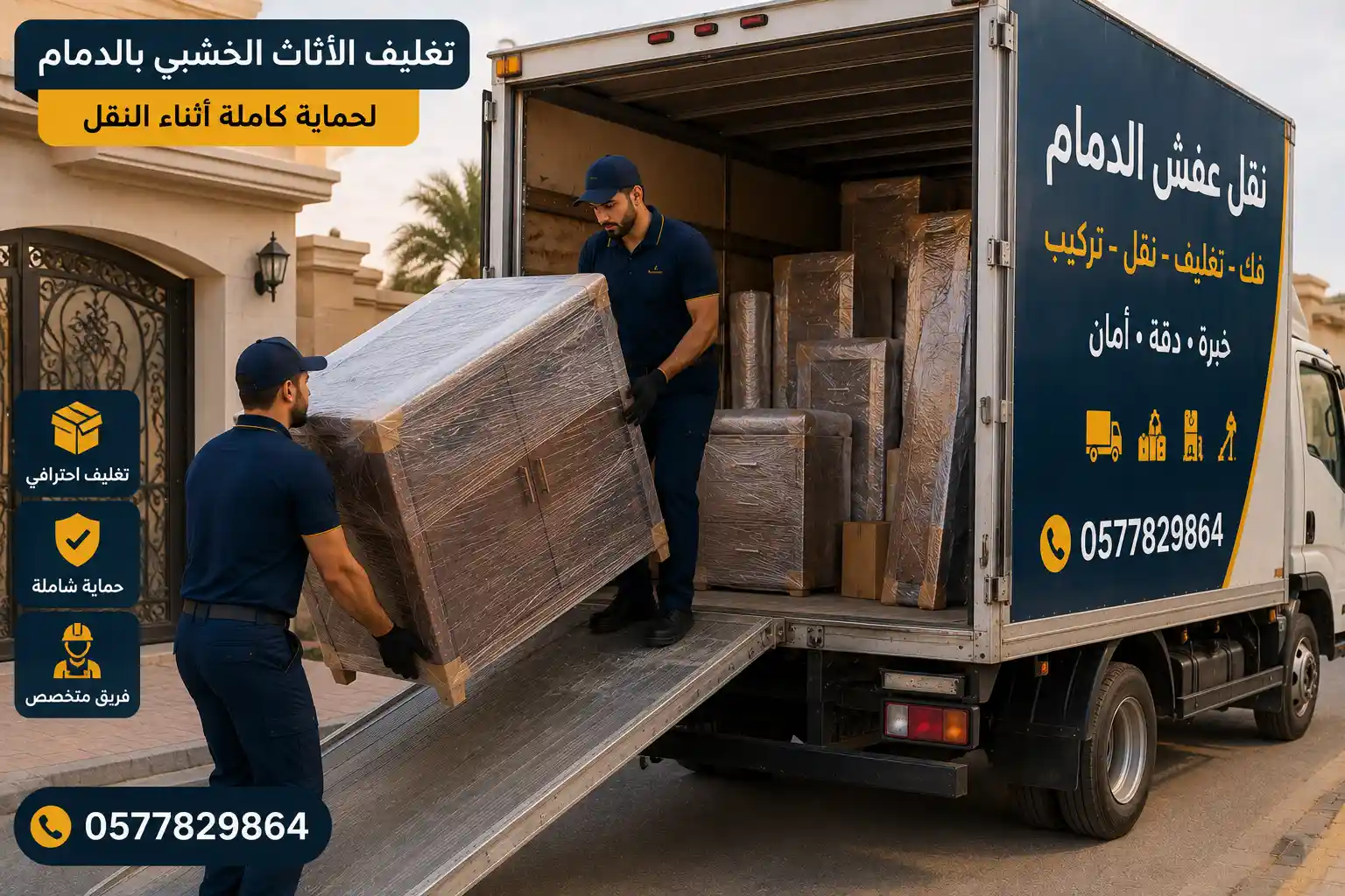 تحميل قطع خشبية مغلفة داخل شاحنة النقل بالدمام